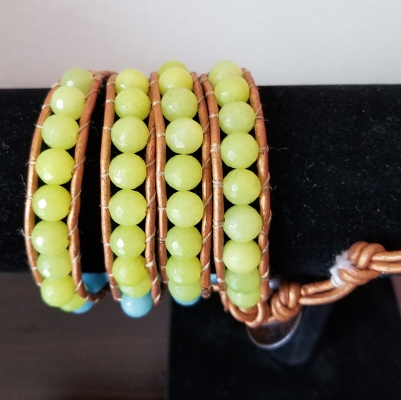 Handmade Blue Green and Copper Beaded Leather Wrap Bracelet - Picture 3 of 4